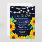 Rustieke navy string verlichting zonnebloemen opsl aankondigingskaart (Voorkant / Achterkant)