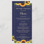 Rustieke Navy Wood Lights Kant Zonnebloem Bruiloft Menu (Voorkant / Achterkant)