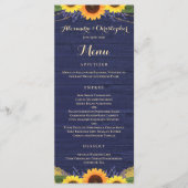 Rustieke Navy Wood Lights Kant Zonnebloem Bruiloft Menu (Voorkant)