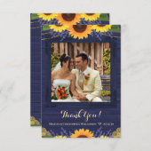 Rustieke Navy Wood Lights Zonnebloem bruiloft foto Bedankkaart (Voorkant / Achterkant)