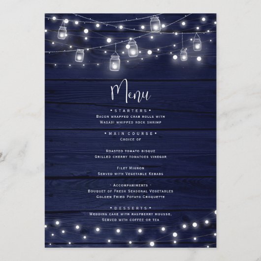 Rustieke Navy Wood Mason Jars Lights Bruiloft Menu (Voorkant)