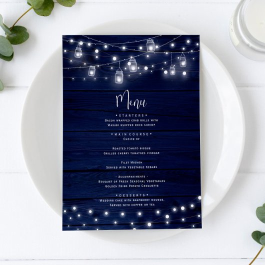 Rustieke Navy Wood Mason Jars Lights Bruiloft Menu