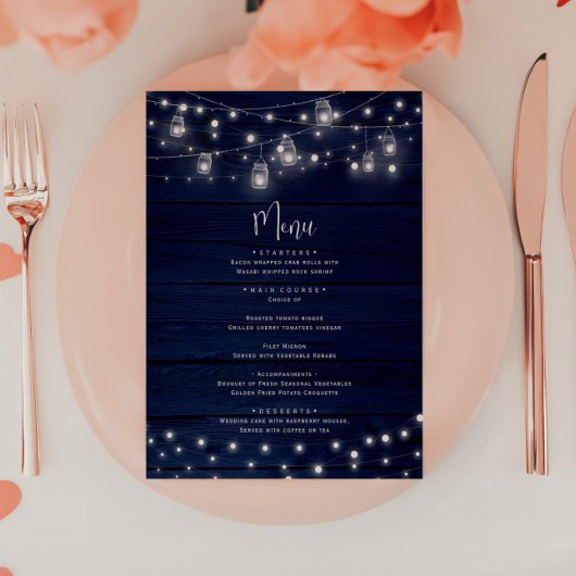 Rustieke Navy Wood Mason Jars Lights Bruiloft Menu