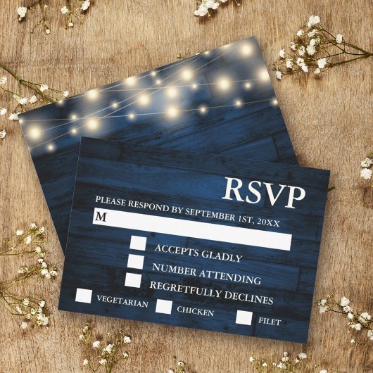 Rustieke Navy Wood String Lights RSVP Maaltijdkeuz Kaartje