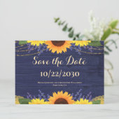 Rustieke Navy Wood String Lights Zonnebloem bruilo Save The Date (Staand voorkant)