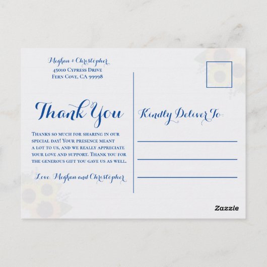 Rustieke Navy Wood Zonnebloem Bruiloft Dank u Foto Briefkaart (Achterkant)