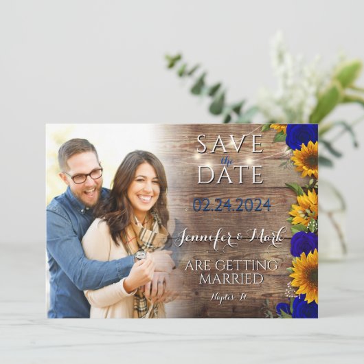 Rustieke Navy Zonnebloem Foto Save the Date Kaart (Staand voorkant)