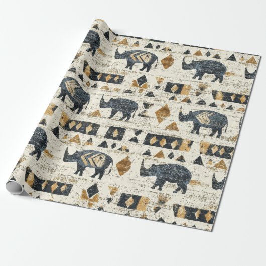 Rustieke Neushoorn Tribale Patroon (1) Cadeaupapier (Uitgerold)
