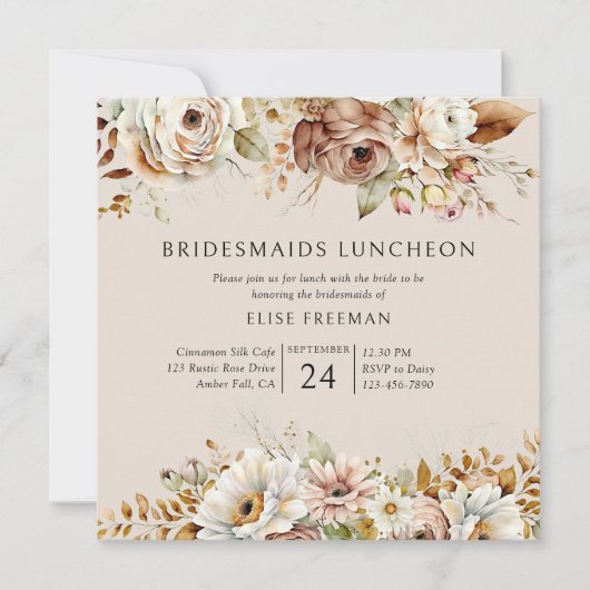 Rustieke neutraal bruine bloemrijke bruidsmeisjes  kaart (Voorkant)
