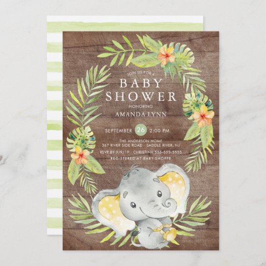 Rustieke Neutral Elephant Baby shower Invitation Kaart (Voorkant / Achterkant)