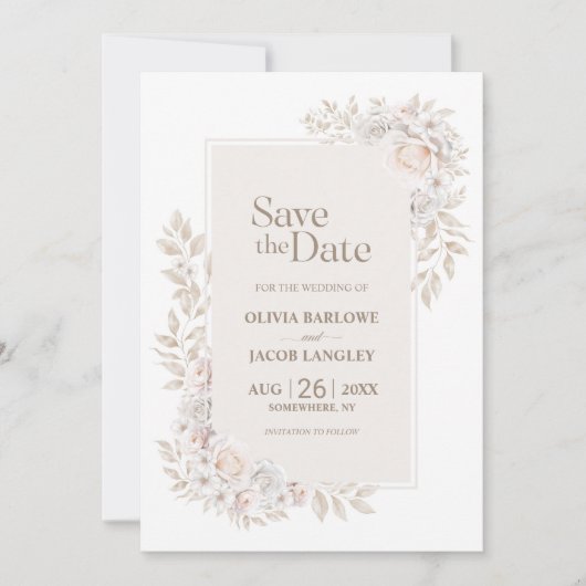 Rustieke Neutral Floral Wedding Save the Date Kaart (Voorkant)
