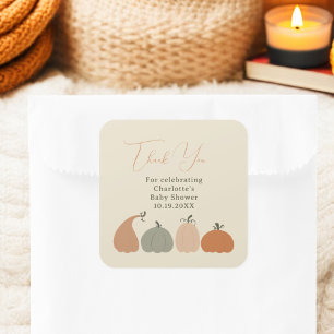 Rustieke Neutral Herfst Pompoen Baby shower Dank u Vierkante Sticker
