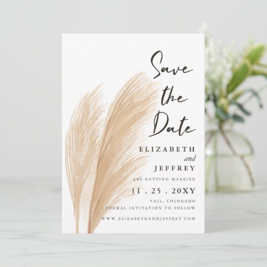 Rustieke Neutrale Aardse Boho Pampas Save the Date Aankondiging (Staand voorkant)