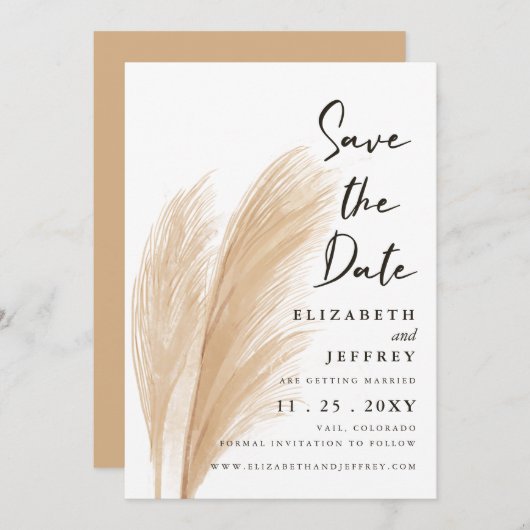 Rustieke Neutrale Aardse Boho Pampas Save the Date Aankondiging (Voorkant / Achterkant)