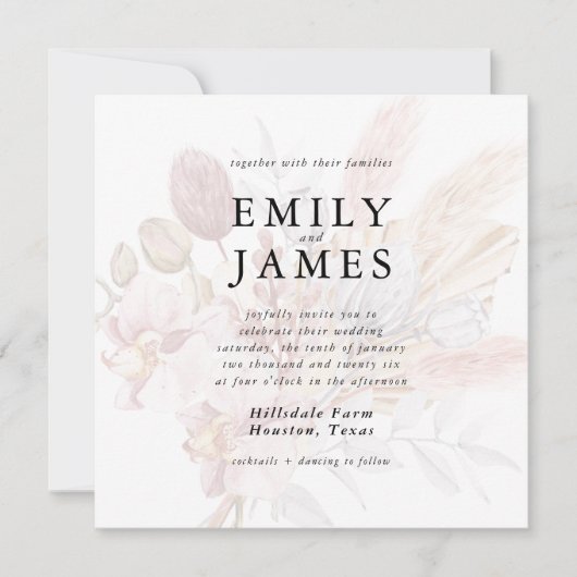 Rustieke Neutrale Beige Boho Bloemen Huwelijk Kaart (Voorkant)