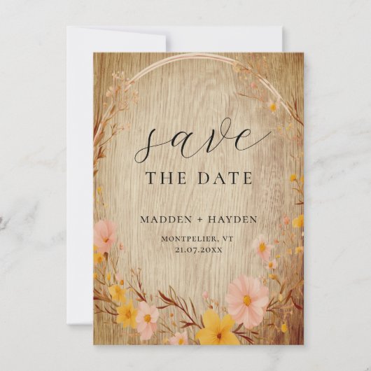 Rustieke Neutrale Boho Bloemen Wildflower Hout Loo Save The Date (Voorkant)