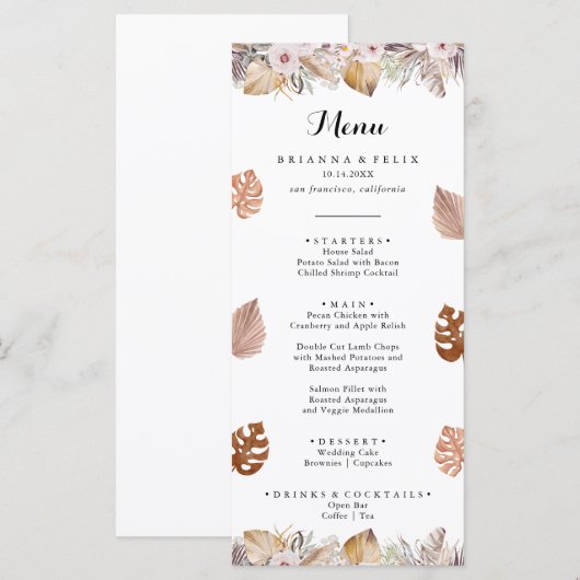 Rustieke Neutrale Boho Bruiloft Menu (Voorkant / Achterkant)