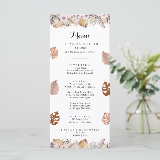 Rustieke Neutrale Boho Bruiloft Menu (Staand voorkant)