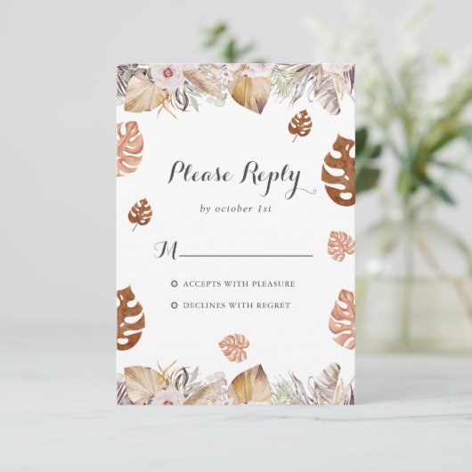 Rustieke Neutrale Boho Bruiloft RSVP Kaartje (Staand voorkant)