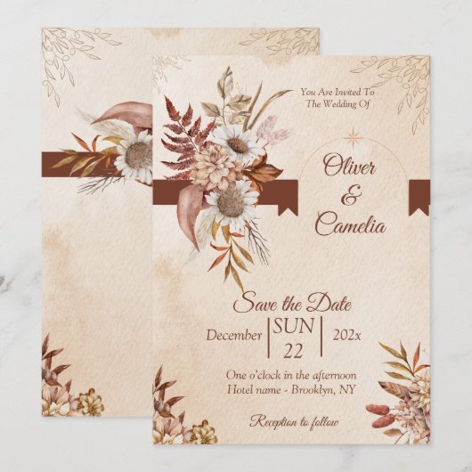 Rustieke Neutrale Boho Floral bruiloft uitnodiging (Voorkant / Achterkant)