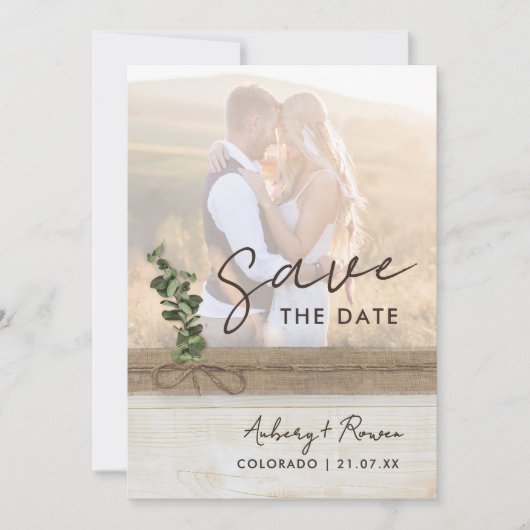 Rustieke Neutrale Burlap Hout Eucalyptus Boho Foto Save The Date (Voorkant)