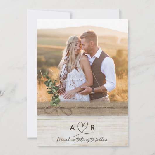 Rustieke Neutrale Burlap Hout Eucalyptus Boho Foto Save The Date (Achterkant)