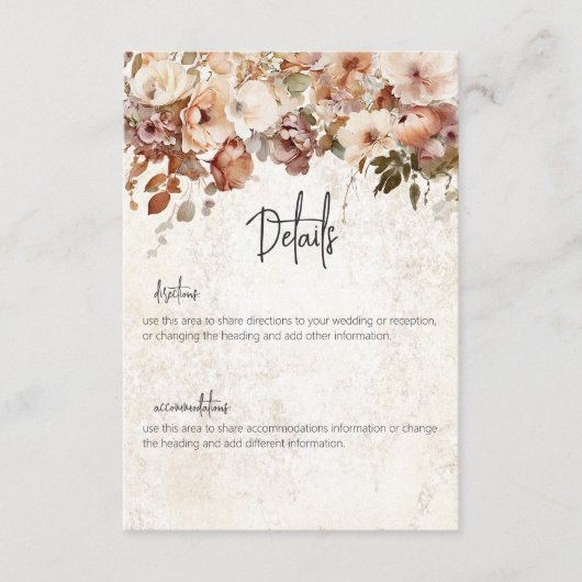 Rustieke neutrale en roze bloemendropp details informatiekaartje (Voorkant)