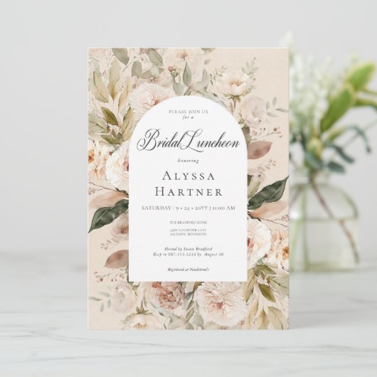 Rustieke Neutrale Tan Cream Bloemenboog Bridal Lun Kaart (Staand voorkant)