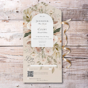 Rustieke Neutrale Tan & Cream Bloemenboog QR Code All In One Uitnodiging