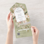 Rustieke Neutrale Tan & Groene Bloemenboog QR Code All In One Uitnodiging (Afscheurbaar)
