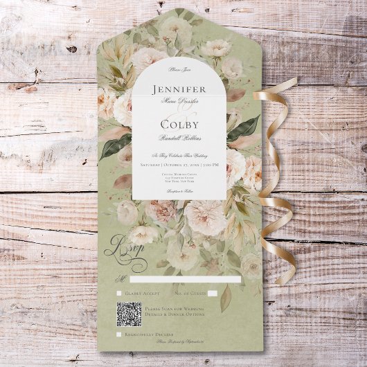 Rustieke Neutrale Tan & Groene Bloemenboog QR Code All In One Uitnodiging