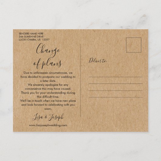 Rustieke Nieuwe Datum Wijziging Uitgestelde Gebeur Aankondigingskaart (Achterkant)