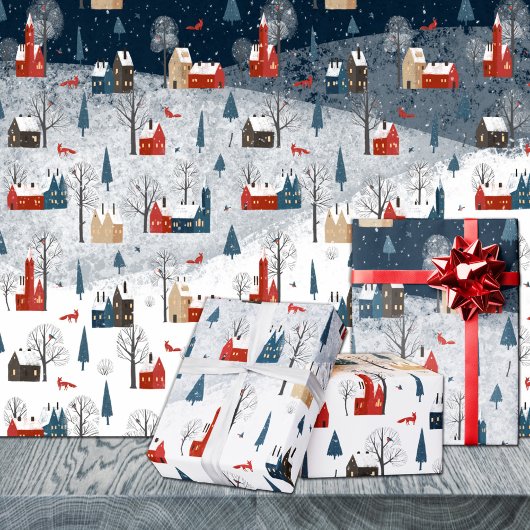 Rustieke Noordse Winter Mountain Village Red Fox Cadeaupapier