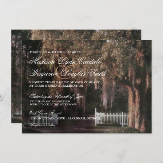 Rustieke Oak Tree Picket Fence Huwelijksuitnodigin Kaart (Voorkant / Achterkant)