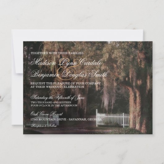 Rustieke Oak Tree Picket Fence Huwelijksuitnodigin Kaart (Voorkant)