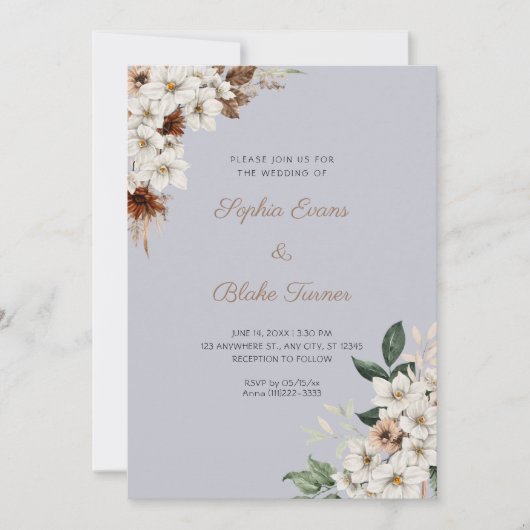 Rustieke Off White Bloemen Boho Cloud Grijs Bruilo Kaart (Voorkant)