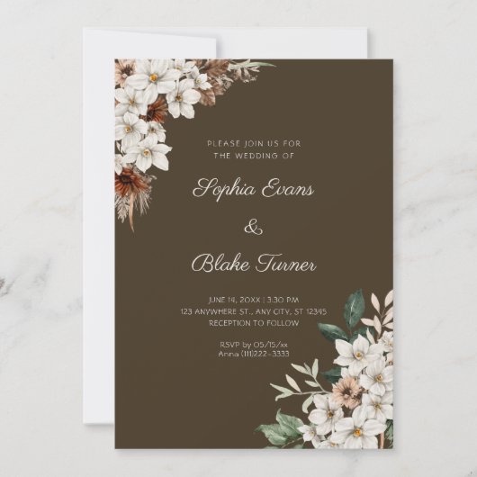 Rustieke Off White Bloemen Boho Hout Bruiloft Kaart (Voorkant)