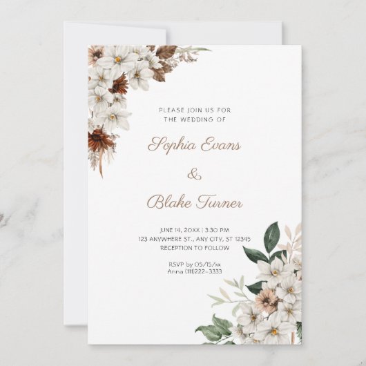 Rustieke Off White Bloemen Boho Witte Bruiloft Kaart (Voorkant)