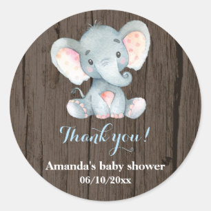 Rustieke Olifant Baby shower Blauw Dank u Favor Ronde Sticker