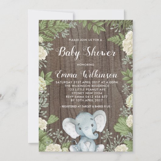 Rustieke Olifant Baby shower Invitation Botanical Kaart (Voorkant)