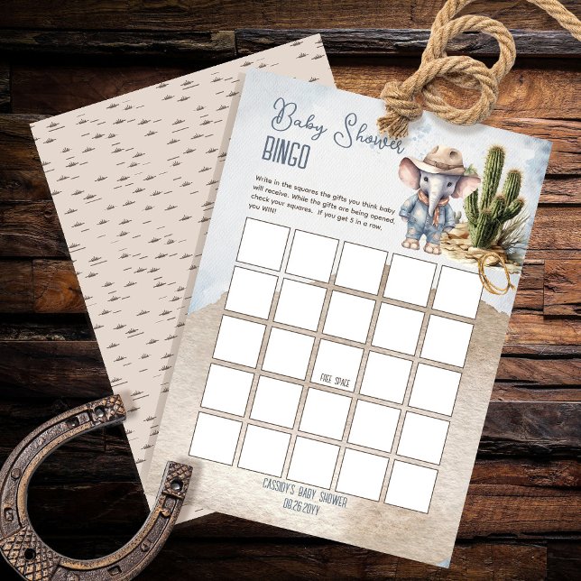 Rustieke Olifant Cowboy Baby shower Bingo (Rustic Western Elephant Cowboy Boy Baby Shower Bingo Game)