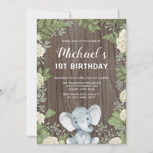 Rustieke olifant groen 1e verjaardagsfeestje kaart (Voorkant)