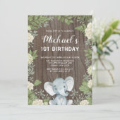 Rustieke olifant groen 1e verjaardagsfeestje kaart (Staand voorkant)