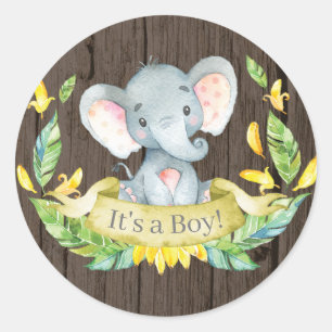 Rustieke Olifant Jongens Baby Shower Geel Ronde Sticker