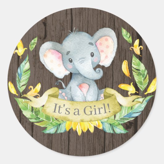 Rustieke Olifant Meisje Baby Shower Geel Ronde Sticker (Voorkant)
