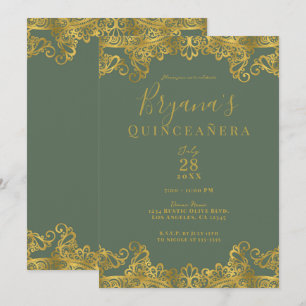 Rustieke Olijf & Gouden Kant Elegante Quinceañera Kaart