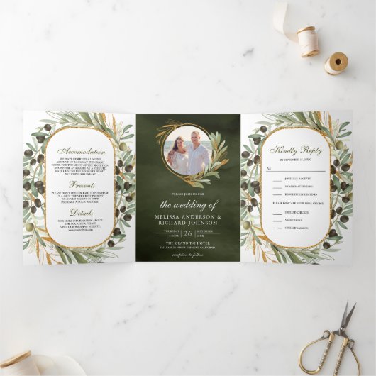 Rustieke Olijf Groen Goud Bladeren Foto Bruiloft Drieluik Uitnodiging (Binnen)