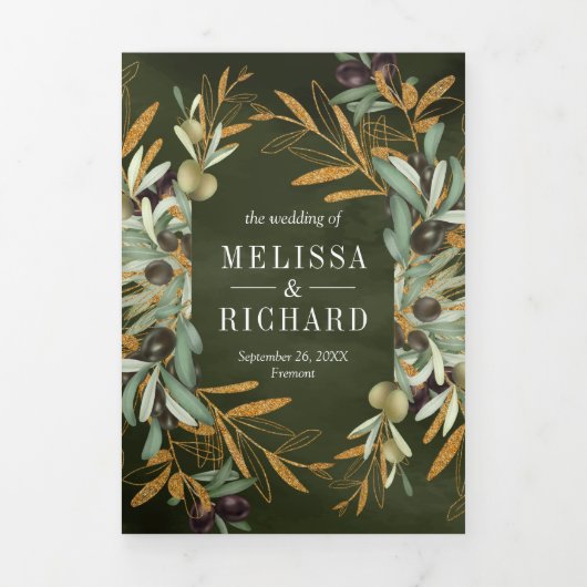 Rustieke Olijf Groen Goud Bladeren Foto Bruiloft Drieluik Uitnodiging (Cover)