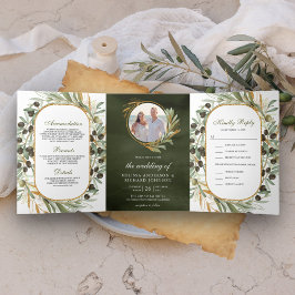 Rustieke Olijf Groen Goud Bladeren Foto Bruiloft Drieluik Uitnodiging