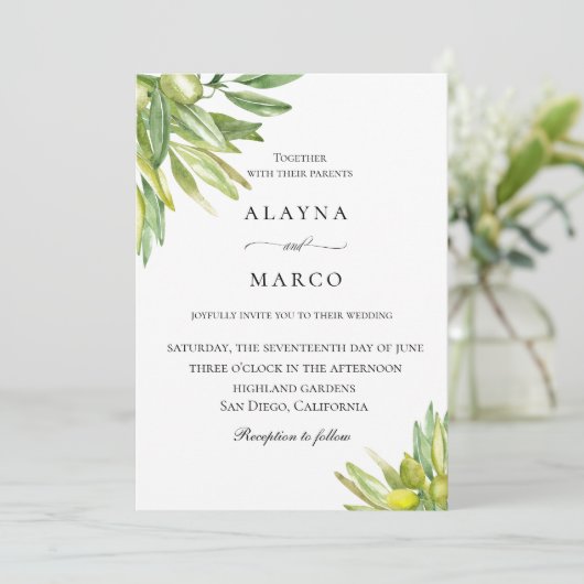 Rustieke Olijf Toscaanse bruiloft uitnodiging (Staand voorkant)